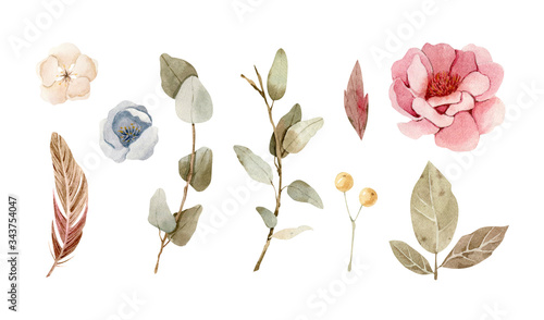 Set of hand painted watercolor flowers in soft green colors