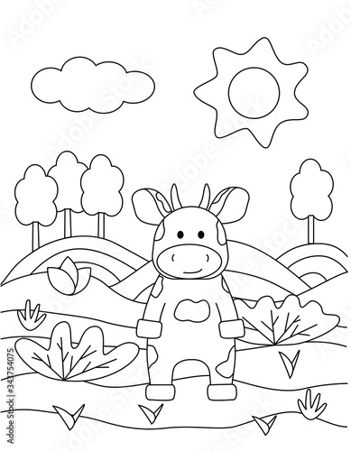 Cute coloring book with a funny bull, sun, grass, trees. For the youngest children. Black sketch, simple shapes, silhouettes, contours, lines. Children's fairy tale vector illustration.