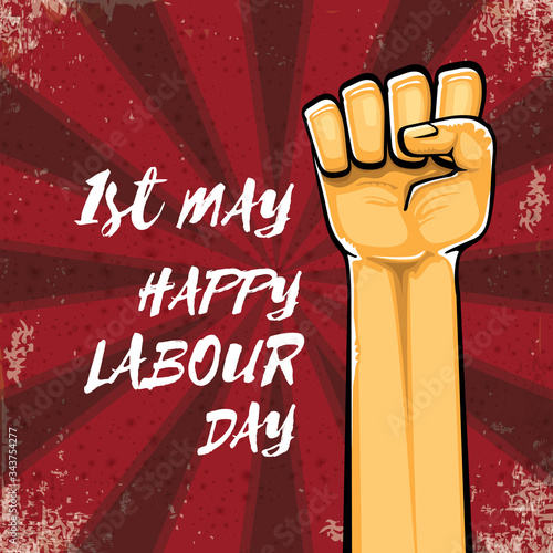 Happy labour day vector label with strong orange hand fist isolated on grunge red background with rays. vector happy labor day background with man hand. red workers may day poster design