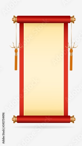 Realistic 3D Asian scroll with two cords located on the sides, with space for your text or portrait. Chinese, korean, japanese style isolated on white background, vector art graphics