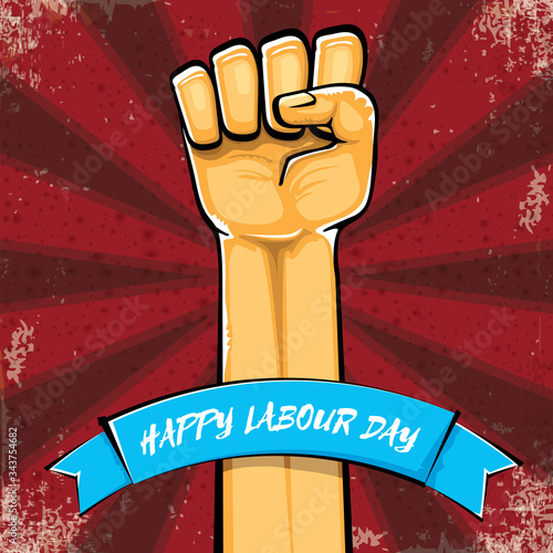 Happy labour day vector label with strong orange hand fist isolated on grunge red background with rays. vector happy labor day background with man hand. red workers may day poster design