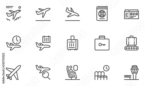 Airport Vector Line Icons. Air Transportation, Air Travel, Tickets, Baggage Claim, Takeoff and Landing of Aircraft. Editable Stroke. 48x48 Pixel Perfect.
