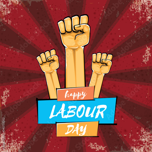 Happy labour day vector label with strong orange hand fist isolated on grunge red background with rays. vector happy labor day background with man hand. red workers may day poster design