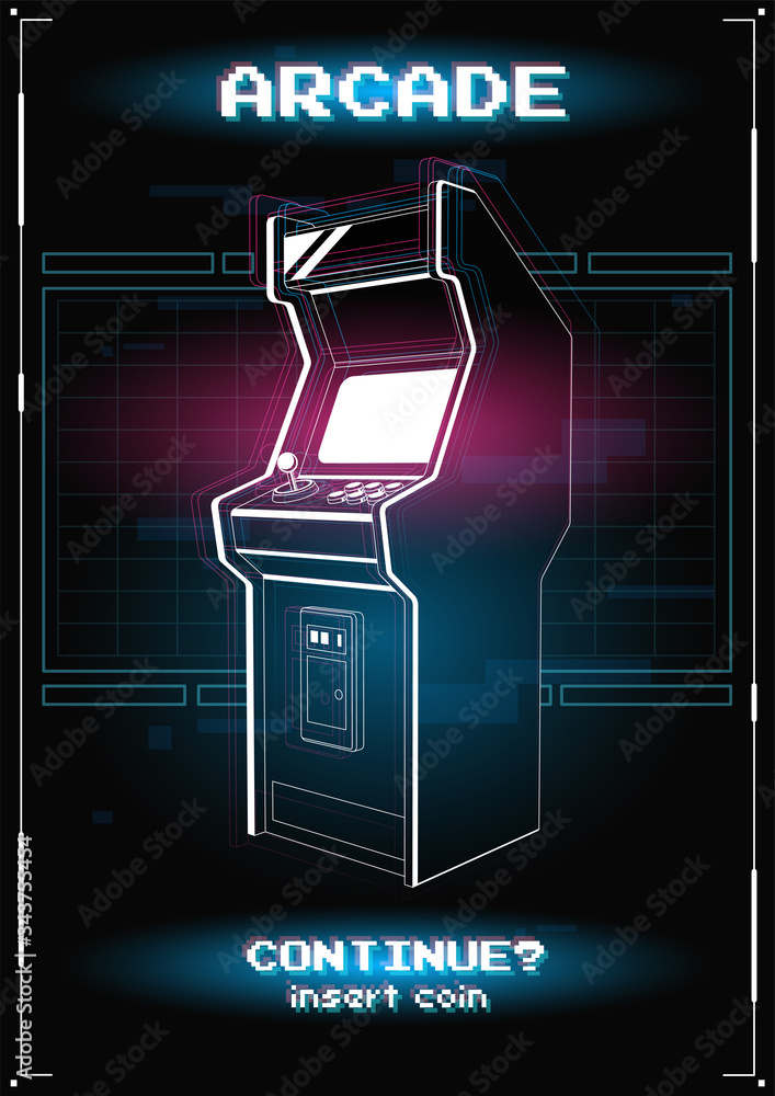 Neon illustration of Arcade game machine. Retro gaming, Game of 80s90s