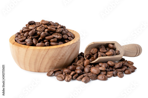 Coffee bean medium roasted in wooden bowl isolate on whtie background with clipping path.