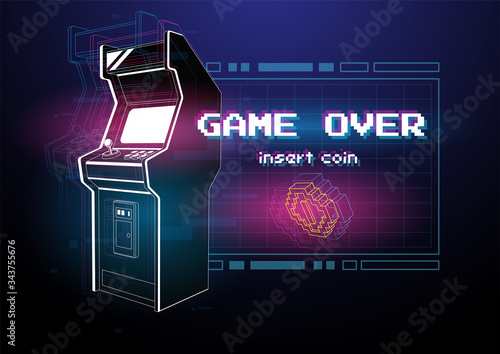 Neon illustration of Arcade game machine. Retro gaming, Game of 80s-90s. Technology and entertainment concept. Advertisement design.