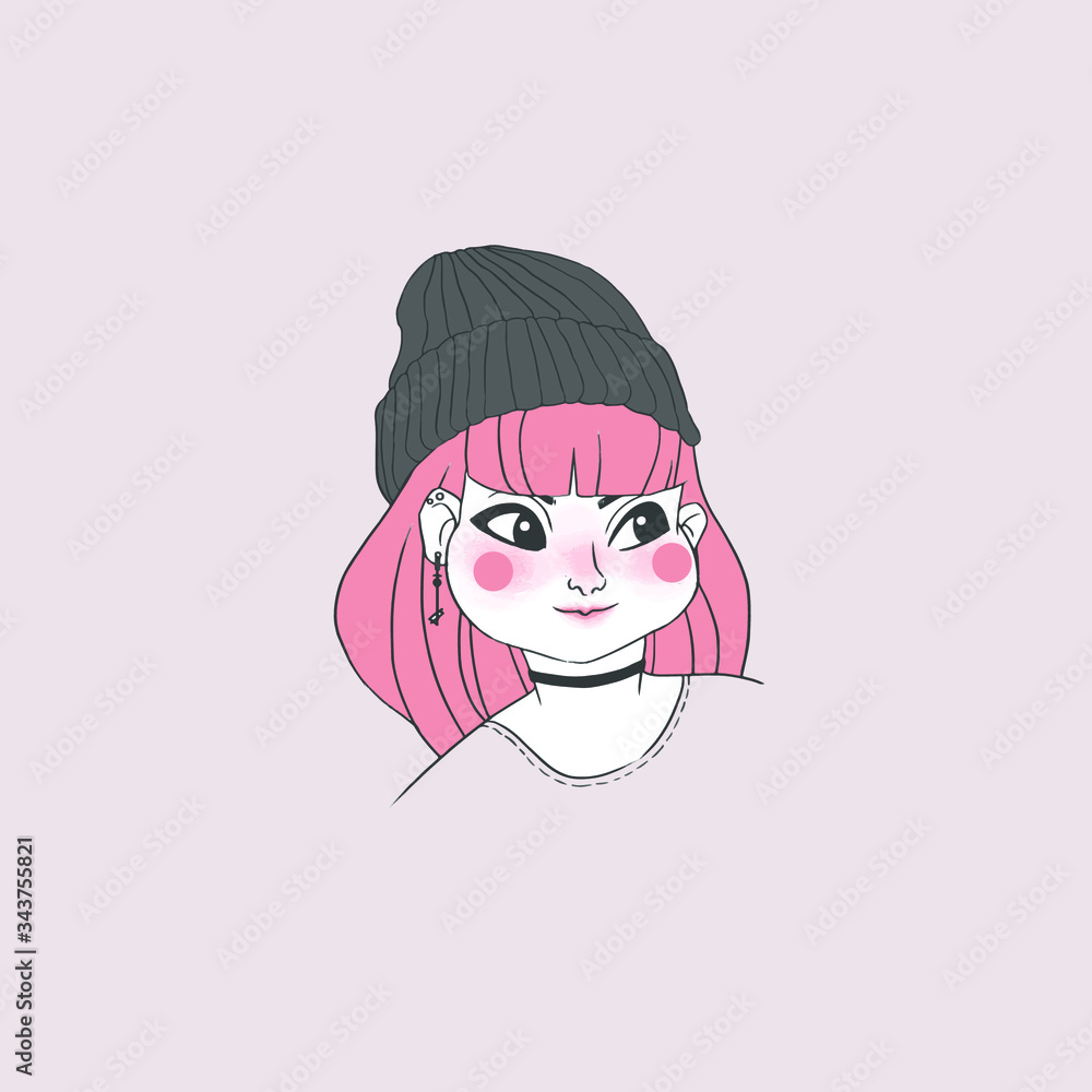 Cute Girl With Pink Hair Illustration on Isolated Pink Background