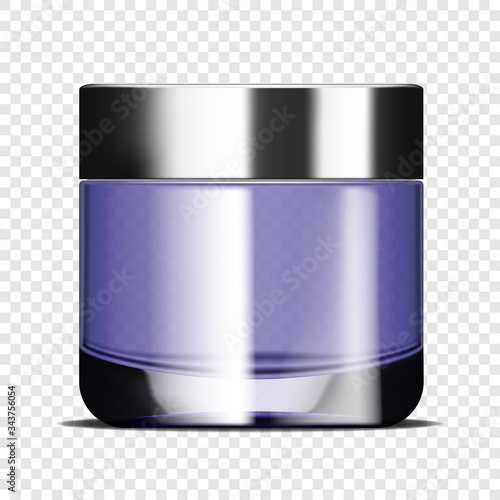 Clear glass round face cream jar on transparent background, realistic vector mockup. Cosmetic skin care product packaging, template for design