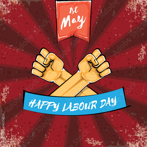 Happy labour day vector label with strong orange hand fist isolated on grunge red background with rays. vector happy labor day background with man hand. red workers may day poster design