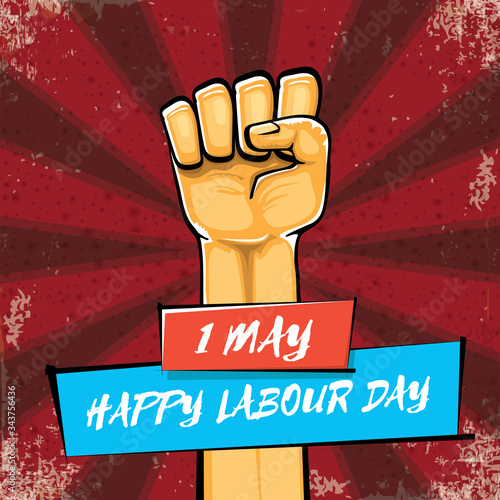 Happy labour day vector label with strong orange hand fist isolated on grunge red background with rays. vector happy labor day background with man hand. red workers may day poster design