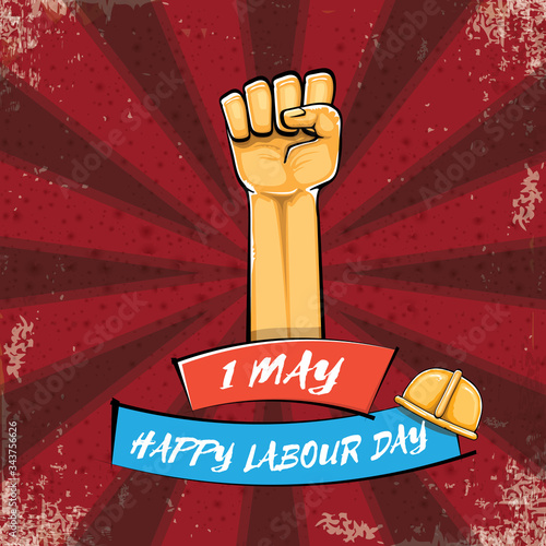 Happy labour day vector label with strong orange hand fist isolated on grunge red background with rays. vector happy labor day background with man hand. red workers may day poster design