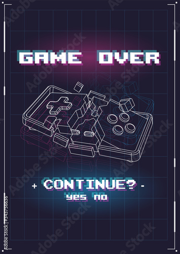 Game Over poster with lowpoly elements. Broken game controller. Creative gaming template.