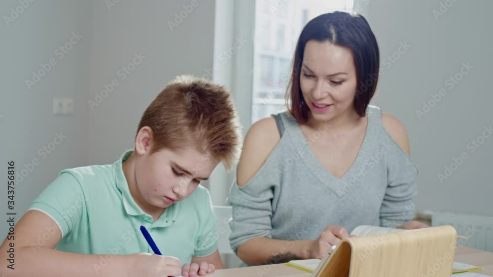 Mother with her son studying online at home Mother with her son studying online at home