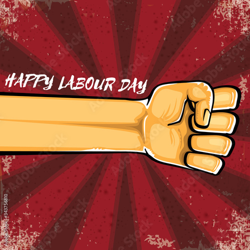 Happy labour day vector label with strong orange hand fist isolated on grunge red background with rays. vector happy labor day background with man hand. red workers may day poster design
