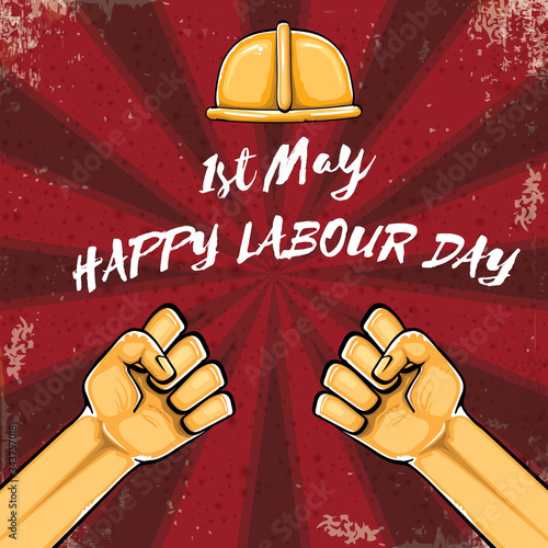 Happy labour day vector label with strong orange hand fist isolated on grunge red background with rays. vector happy labor day background with man hand. red workers may day poster design