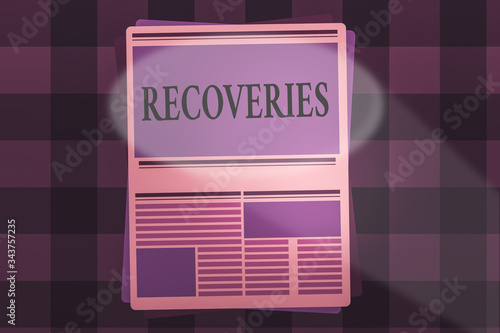 Writing note showing Recoveries. Business concept for process of regaining possession or control of something lost Newspaper Page Layout with Blank Headlines Article and column Format photo