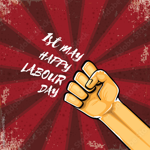 Happy labour day vector label with strong orange hand fist isolated on grunge red background with rays. vector happy labor day background with man hand. red workers may day poster design