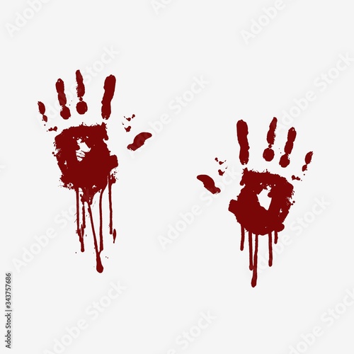 Imprints of bloody human palms with flowing blood. Illustration in grunge style of danger, fear, halloween, a trace of violent crime. Windy graphics for print, wallpaper, background