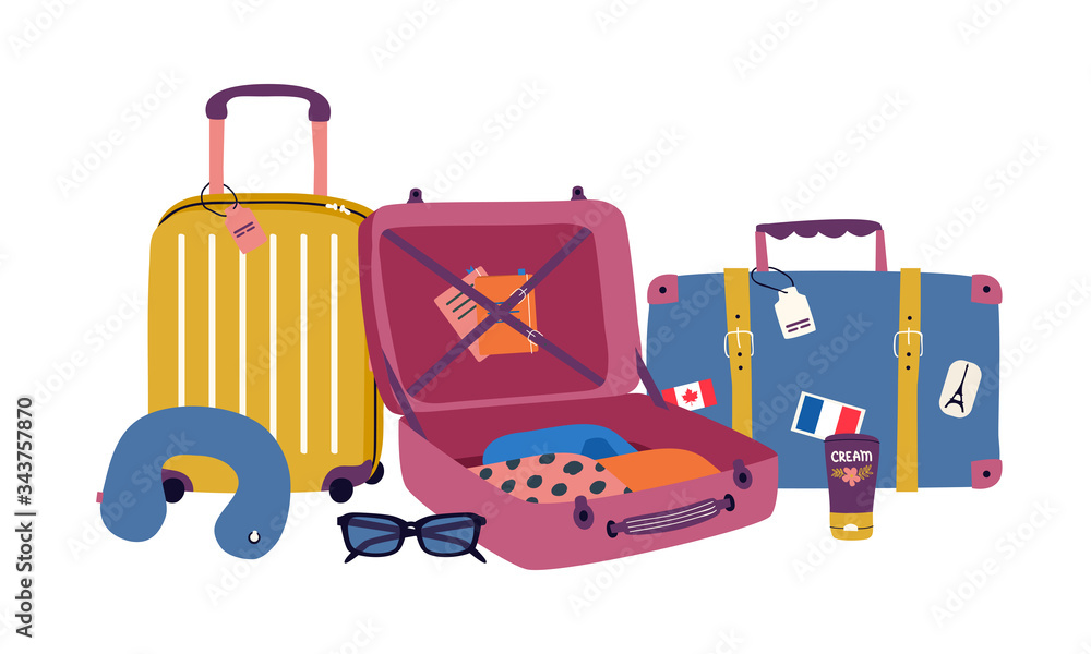 Obraz premium Vector set with travel elements: luggage bags, suitcases, sunglasses, cosmetics, clothes. Trendy colorful vacation illustration in cartoon flat style
