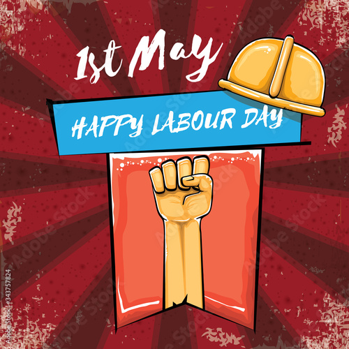 Happy labour day vector label with strong orange hand fist isolated on grunge red background with rays. vector happy labor day background with man hand. red workers may day poster design