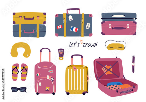 Vector set with travel stuff: luggage bags, suitcases, sunglasses, cosmetics, clothes. Trendy colorful vacation design elements in cartoon style isolated on white
