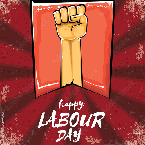 Happy labour day vector label with strong orange hand fist isolated on grunge red background with rays. vector happy labor day background with man hand. red workers may day poster design