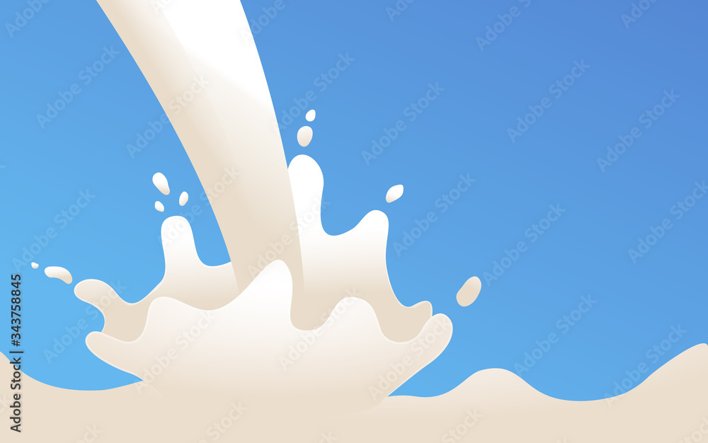 Milk splash pouring down out of the bottle realistic vector illustration.