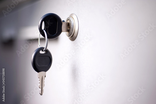 office safe key on gray background. mockup