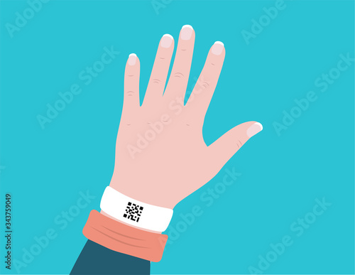 Hand with a bracelet with a note about a past illness. The concept of organizing passes after a pandemic. Covid-19. Flat design. Vector