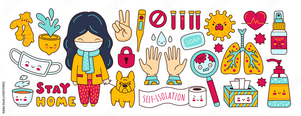 Coronavirus pandemic, covid-19. Set of stickers, elements, symbols, objects for quarantine and self isolation. Girl with dog, Medical mask, sanitizer, antiseptic, lungs. Cartoon vector illustrations. Coronavirus pandemic, covid-19. Set of stickers, elements, symbols, objects for quarantine and self isolation. Girl with dog, Medical mask, sanitizer, antiseptic, lungs. Cartoon vector illustrations.