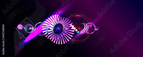 Dark retro futuristic art neon abstraction background cosmos new art 3d starry sky glowing galaxy and planets blue circles