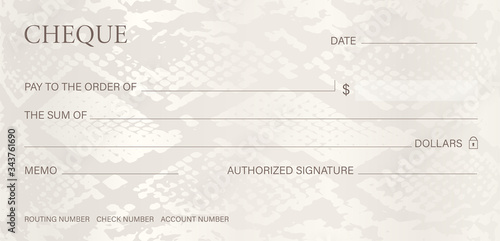 Check, Cheque (Chequebook template) with snake skin pattern. Modern background for coupon design, currency, Voucher or Gift certificate