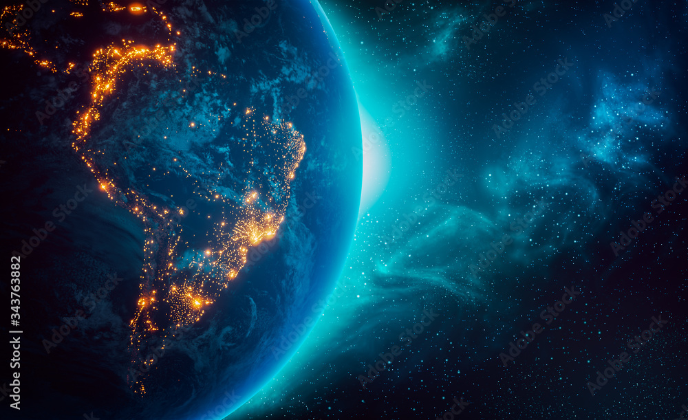 © Matthieu - City lights of South America continent at night from outer space 3D rendering illustration. Earth map texture provided by Nasa. Energy consumption, electricty, industry, power supply, ecology concepts