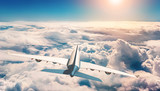 Rear view of airplane or airliner flying over sea of clouds and sun shining in the background. Travel, transportation or transport 3d rendering and mixed media illustration.