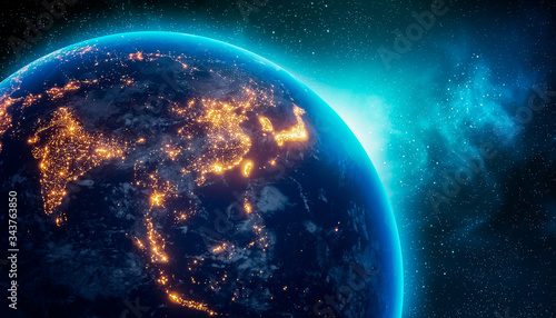 City lights of Central and East Asia continent at night from outer space. 3D rendering illustration. Earth map texture provided by Nasa. Energy consumption, electricty, power supply, ecology concepts.