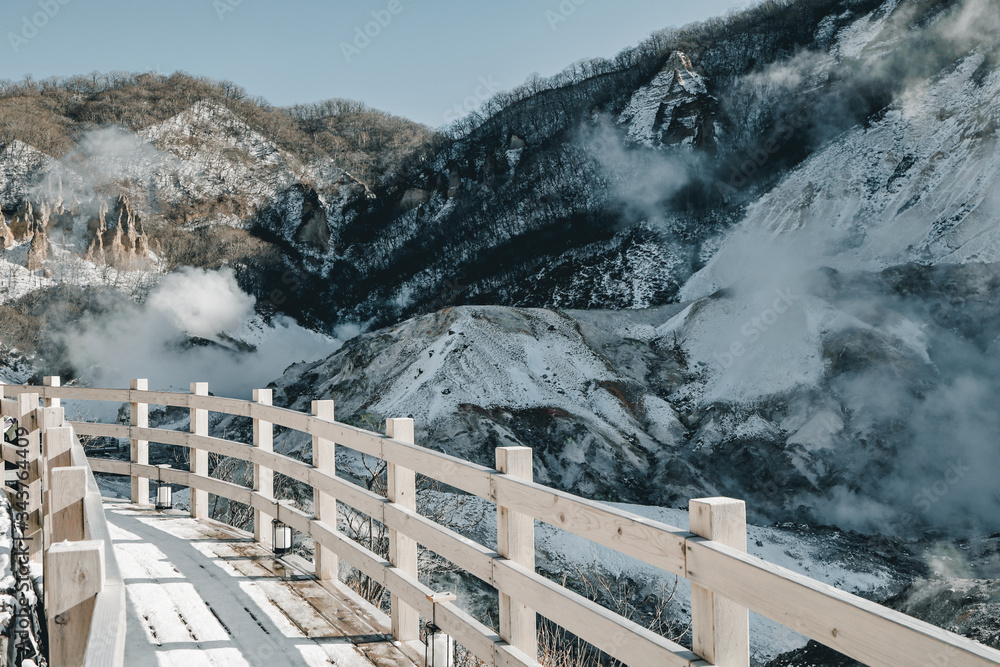 Walkway of Jigokudani or Hell Valley in Shikotsu-Toya national park in Noboribetsu, Hokkaido, Japan