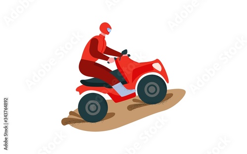 Rider on a red ATV. Extreme multi-wheel drive quad race over mountainous muddy terrain. Motorbike racer in the desert.