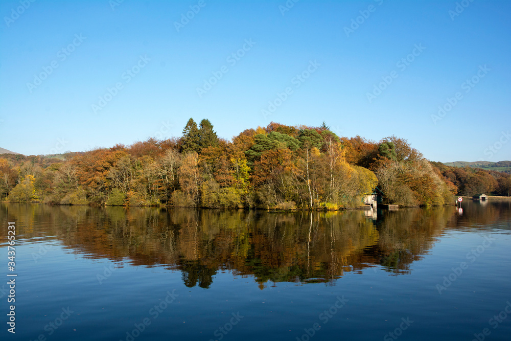 autumn trees reflected in lake on Windermere