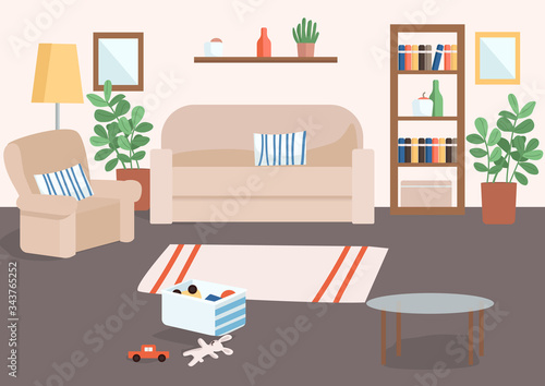 Family living room flat color vector illustration. Basket with children's toys on floor. Carpet for house decoration. Livingroom 2D cartoon interior with couch and armchair on background