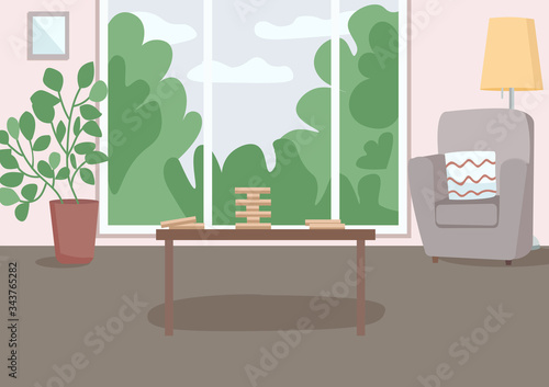Spacious living room for leisure flat color vector illustration. Wooden block tower on table for gaming. Armchair and potted plant. Livingroom 2D cartoon interior with wall window on background photo