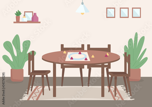 Place for family leisure flat color vector illustration. Table for board games for daytime entertainment. Tabletop setting for playing. Livingroom 2D cartoon interior with decor on background