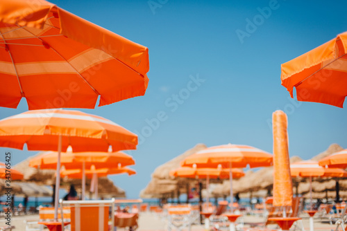 Wallpaper Mural Orange umbrellas on the beach against the blue sky. Bottom view Torontodigital.ca
