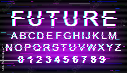 Future glitch font template. Retro futuristic style vector alphabet set on purple background. Capital letters, numbers and symbols. Modern digital typeface design with distortion effect