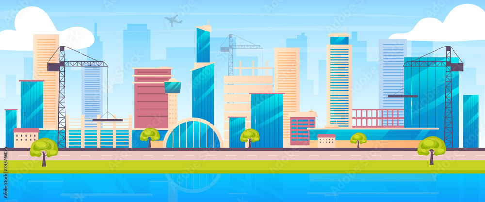 Metropolis skyline flat color vector illustration. Urban construction site 2D cartoon landscape with cranes and skyscrapers on background. Building industry. Developing city, residential district