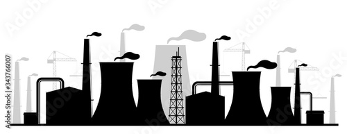 Power plant black silhouette vector illustration. Industrial facility monochrome landscape. Atomic energy station 2d cartoon shape with reactors and chimneys. Air pollution, environment contamination