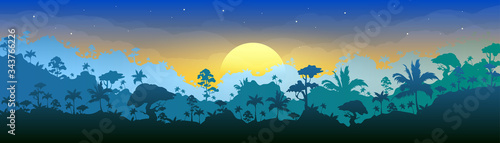 Jungle flat color vector illustration. Morning forest scenery. Panoramic woods at dawn. Tropical scenic nature with sun rising. Sunrise in rainforest 2D cartoon landscape with layers on background
