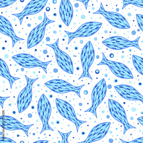Sea seamless pattern with hand drawn fish.