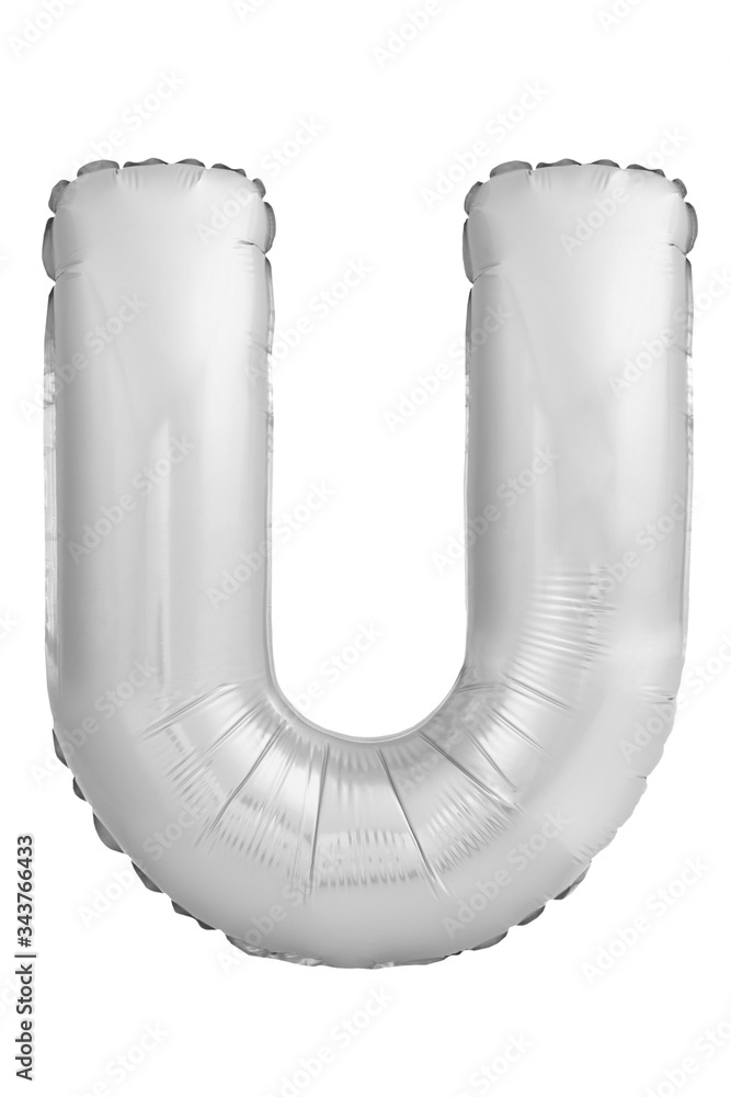 Chrome letter U made of inflatable balloon isolated on white background. Part of full set of letters Chrome letter U made of inflatable balloon isolated on white background. Part of full set of letters