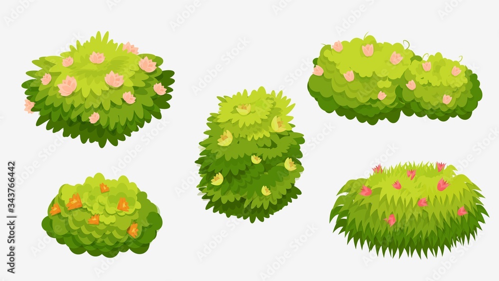 Green bushes with various flowers. Green bushes with pink, yellow, orange and red flowers isolated on a white background. Used as a landscape element to create a scene. Vector cartoon illustration