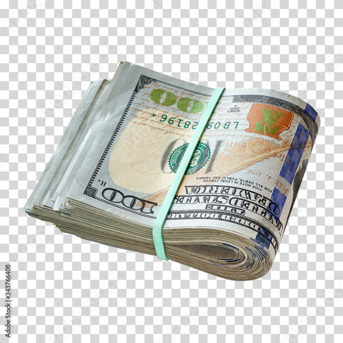Wad of folded 100 or hundred US dollar bills tied with rubber band isolated on white background shallow dept of field. Including clipping path.